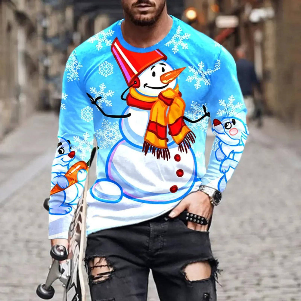 3D print holiday shirt featuring cheerful snowmen and snowflakes on blue background, long sleeve festive wear, S-6XL.