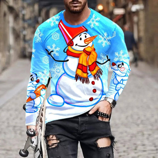 3D print holiday shirt featuring cheerful snowmen and snowflakes on blue background, long sleeve festive wear, S-6XL.