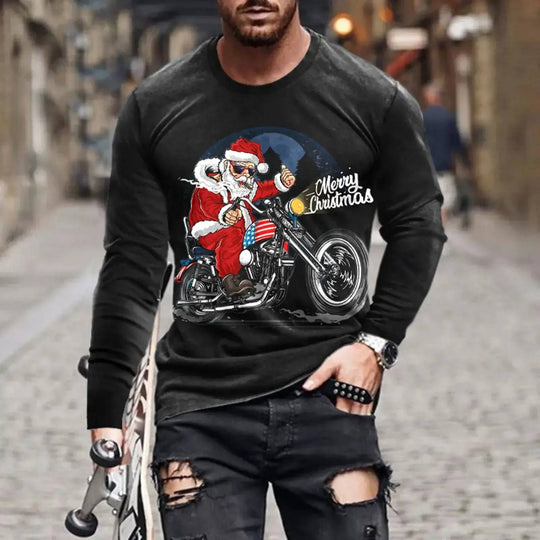 3D print holiday shirt with Santa on motorcycle, 'Merry Christmas' design, black festive long sleeve shirt, S-6XL.