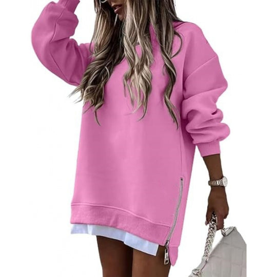 Pink fall winter fashion pullover sweater for women with side zipper detail, styled with white shirt and long sleeves for warmth.