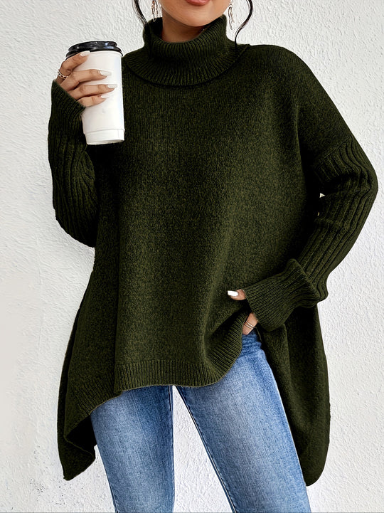 CozyWeave Women's Irregular Turtleneck Sweater - Loose Fit Winter Knit for Warm Layering