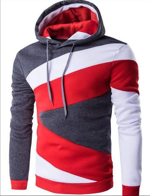 Men's hooded pullover sweater with red, white, and dark gray color matching design, ideal for casual fashion.