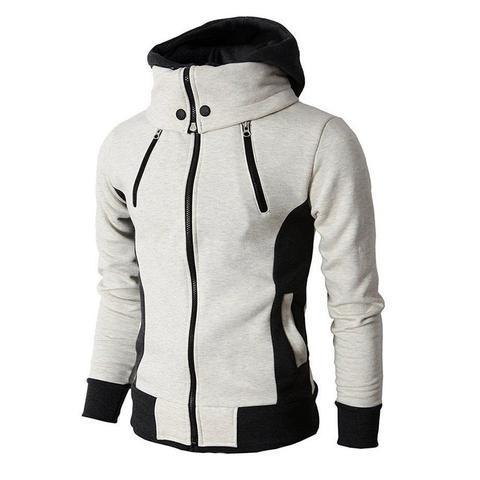 Beige and black men's zip-up hooded jacket with dual chest zippers and slim fit, ideal for stylish and comfortable casual wear.