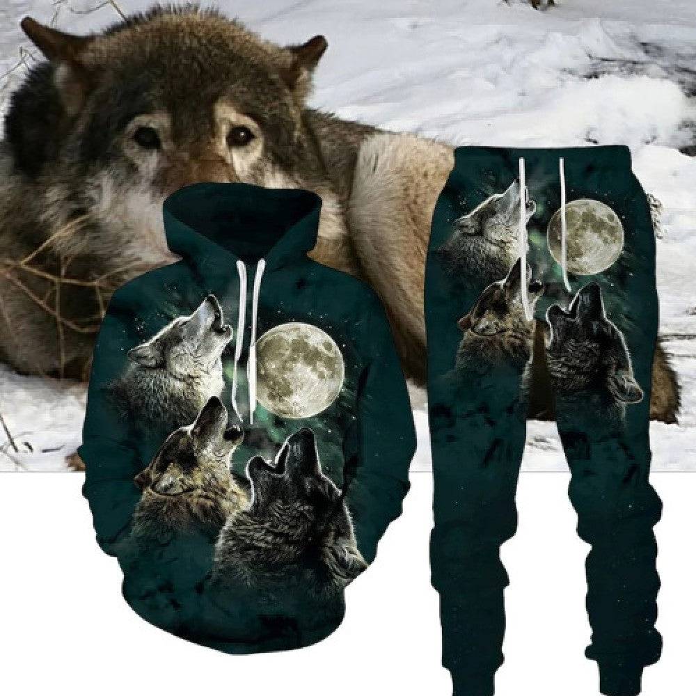 Wolf Set Suit - Hoodie Pants featuring three howling wolves and full moon design. Stylish unisex outfit for casual comfort and bold fashion.