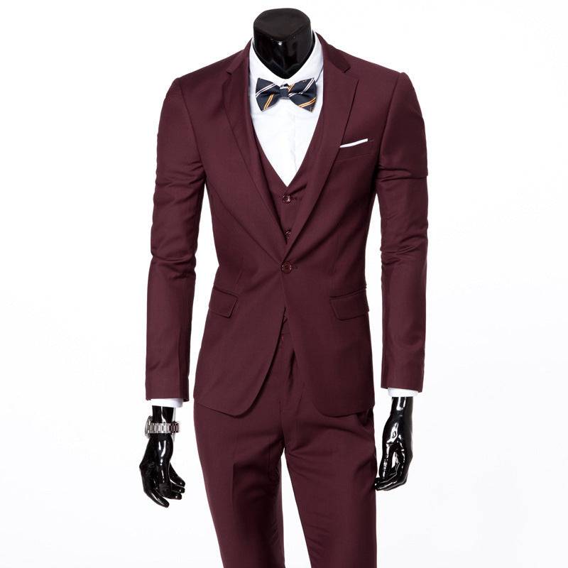 Burgundy Men's Suit Set - One Button Work All-Match with bow tie and vest, tailored for stylish formal or semi-formal occasions.