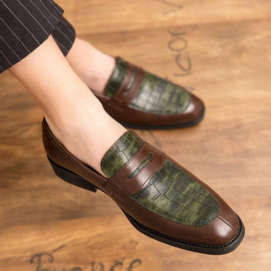 Men's brown leather shoes with green crocodile-textured upper, merging Korean casual style with British sophistication.