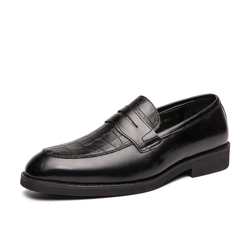 Classic black men's pointed leather shoes with crocodile texture, designed for comfort and stylish formal wear.
