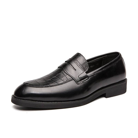 Classic black men's pointed leather shoes with crocodile texture, designed for comfort and stylish formal wear.
