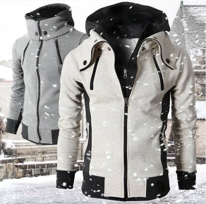 Men's zip-up hooded jacket in grey and beige tones, designed for winter with a slim fit and stylish look, perfect for casual wear.