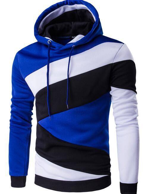 Men's hooded pullover sweater featuring a blue, black, and white color matching design for a trendy casual look.