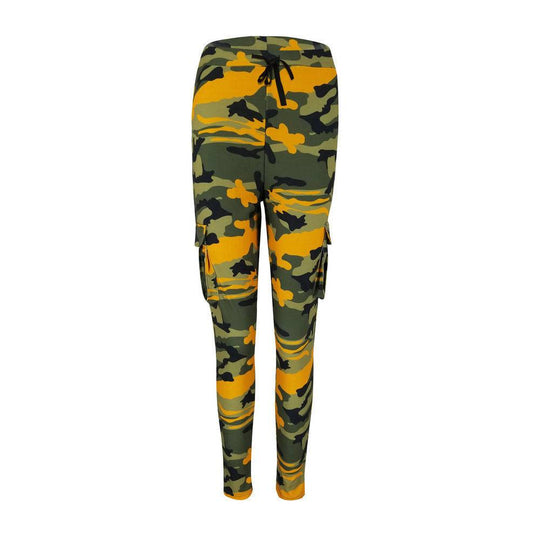 Flat lay of women's plus size yellow-green camo pants with drawstring waist and cargo pockets, fall-winter wardrobe essential.