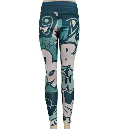 Green and white variation of printed yoga pants for women, featuring graffiti-style graphics, slim fit polyester blend for comfort and style.