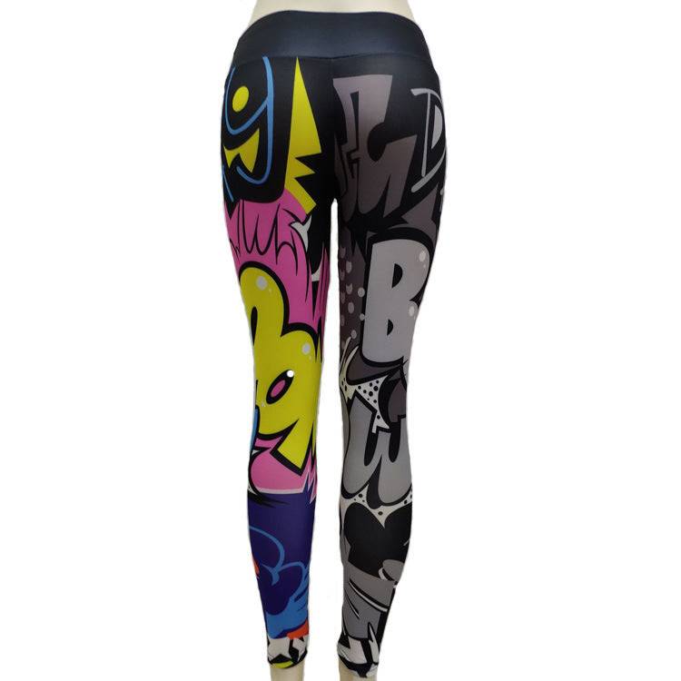 Back view of printed yoga leggings for women with vibrant comic-inspired design, slim fit polyester fabric for sporty or casual use.