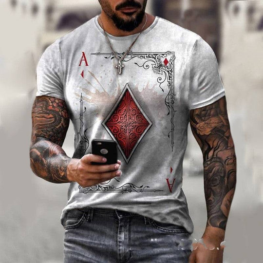 White playing card print men's t-shirt featuring red diamond ace design, ideal for casual wear and game night fashion.