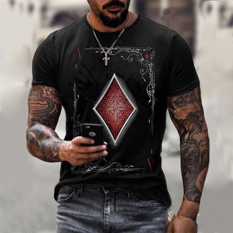 Black playing card print men's t-shirt with bold red diamond ace design, great for edgy streetwear and casual looks.