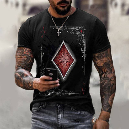 Black playing card print men's t-shirt with bold red diamond ace design, great for edgy streetwear and casual looks.