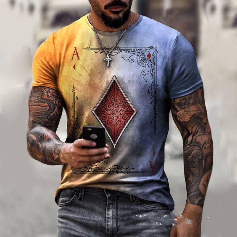 Gradient yellow to blue playing card print men's t-shirt with red diamond ace graphic, perfect for stylish casual outfits.
