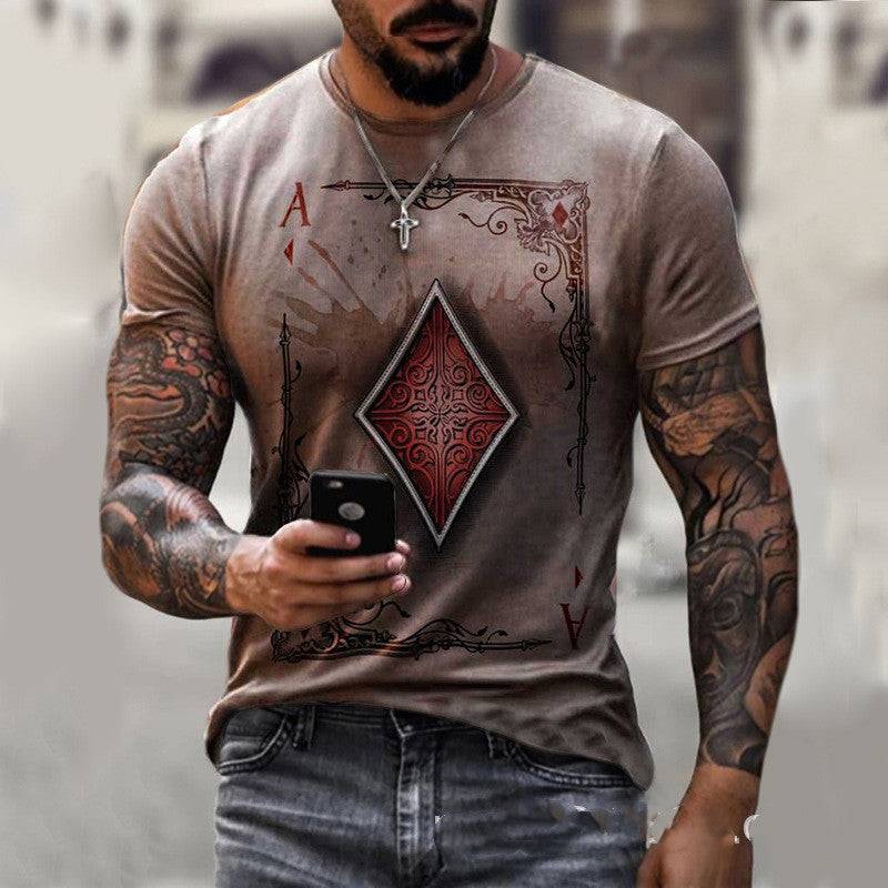 Brown playing card print men's t-shirt with red diamond ace design, offering a vintage vibe for casual and themed events.