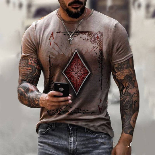 Brown playing card print men's t-shirt with red diamond ace design, offering a vintage vibe for casual and themed events.