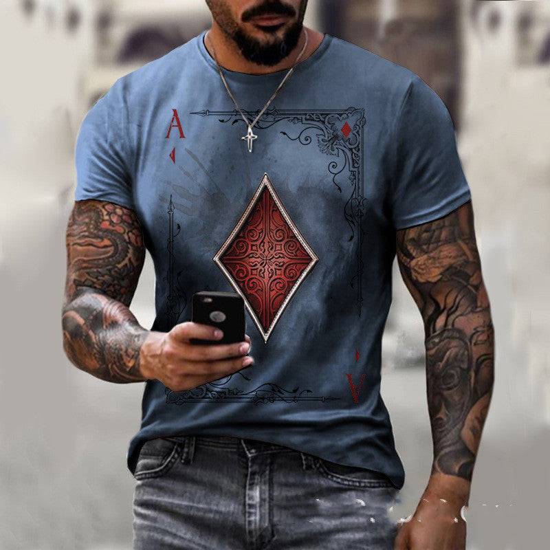 Blue playing card print men's t-shirt showcasing red diamond ace graphic, combining comfort and unique card-themed style.