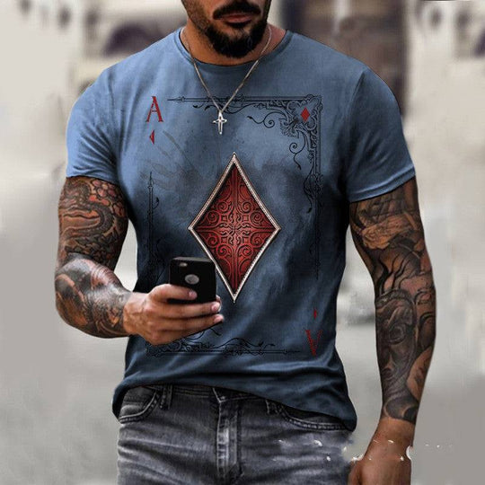 Blue playing card print men's t-shirt showcasing red diamond ace graphic, combining comfort and unique card-themed style.