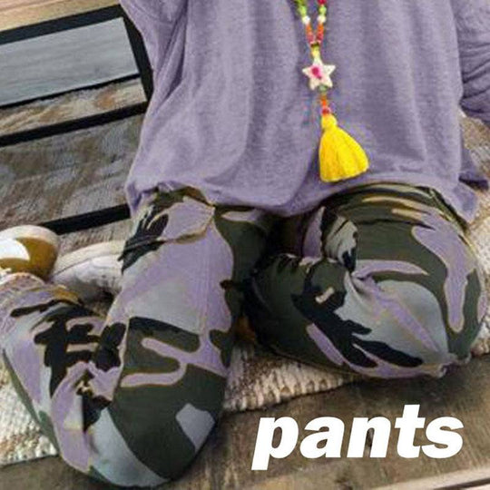 Blue-toned camo print plus size pants for women, styled with a relaxed top, ideal for cozy fall-winter days.