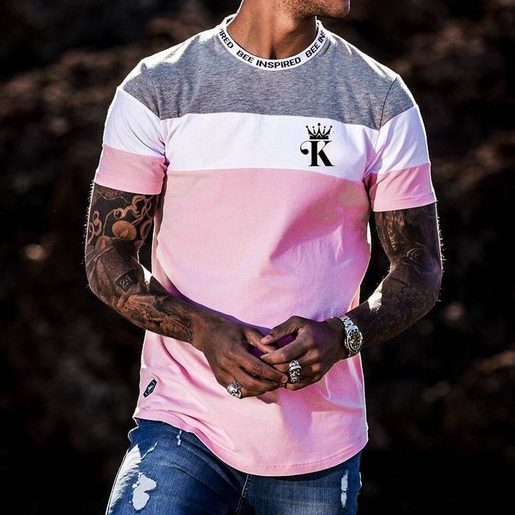 Casual round neck t-shirt with digital printing in pink, white, and gray color block design, short sleeves, and logo on chest.