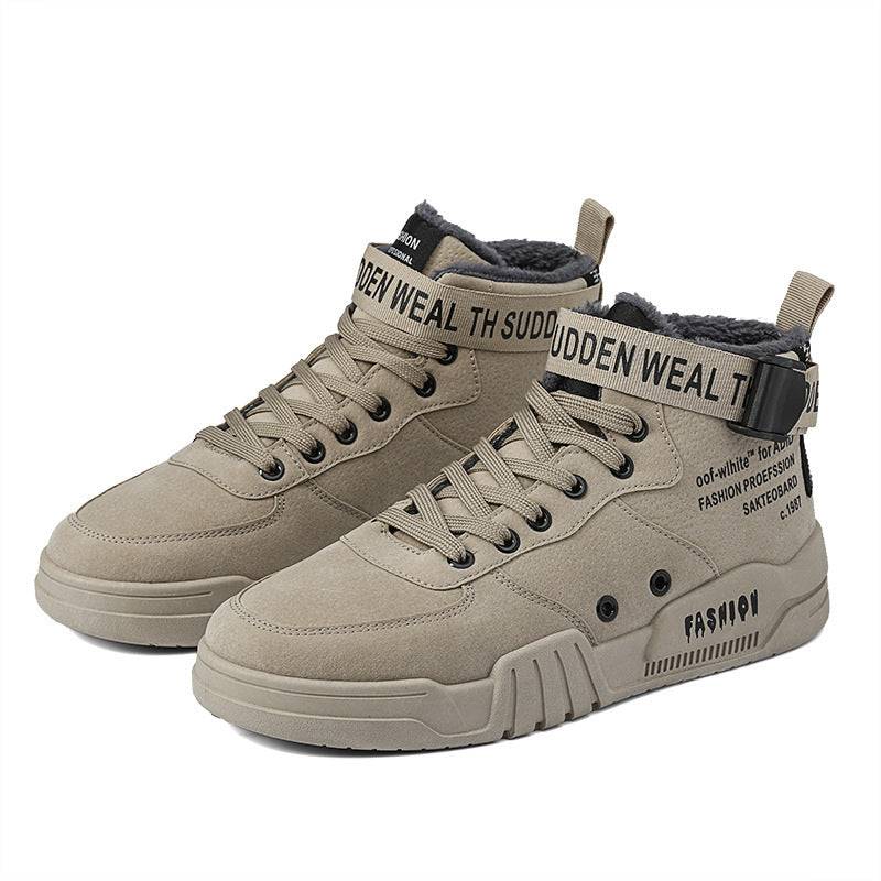 Beige men's high-top sneakers with rugged sole and text details, designed for breathable comfort and urban streetwear fashion.