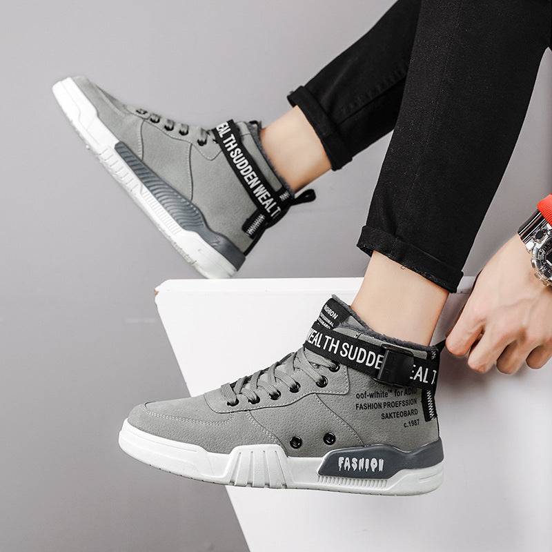 Gray men's high-top sneakers with fleece lining and bold ankle strap, offering warmth and comfort for stylish winter wear.