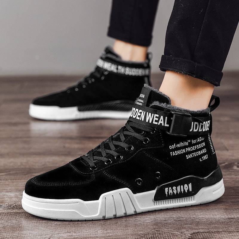 Men's high-top sneakers in black with white soles, offering breathable comfort and stylish casual wear for everyday use.