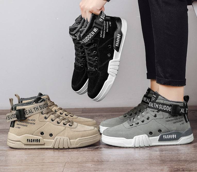 Collection of men's high-top sneakers in black, gray, and beige, showcasing breathable and stylish options for versatile casual outfits.