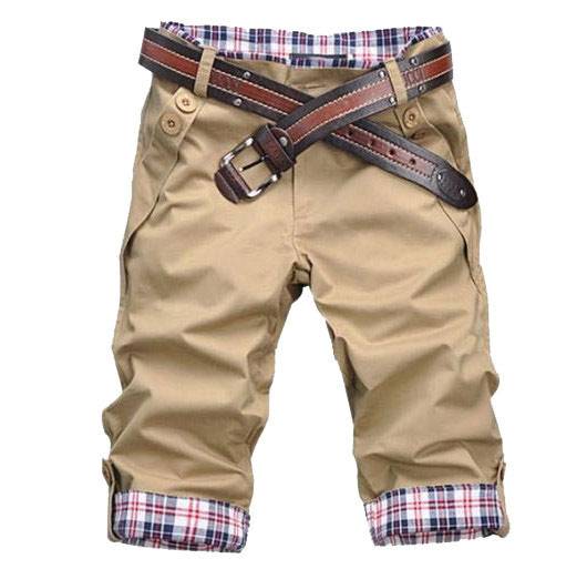 Khaki men's casual cotton shorts with plaid trim and belt, perfect for summer with a relaxed straight-leg fit and breathable material.