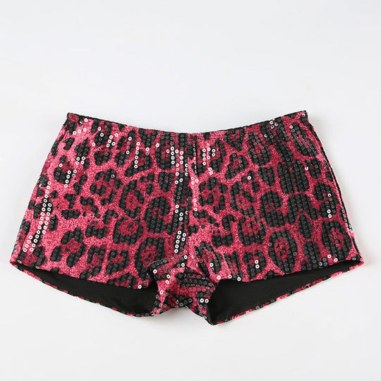 Rose red leopard print sequined shorts for women, featuring a low waist and stretchy fit for spring and summer fashion.