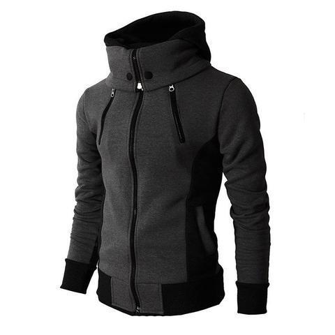 Dark grey and black men's zip-up hooded jacket featuring a sleek, slim fit and comfortable fabric for everyday casual style.