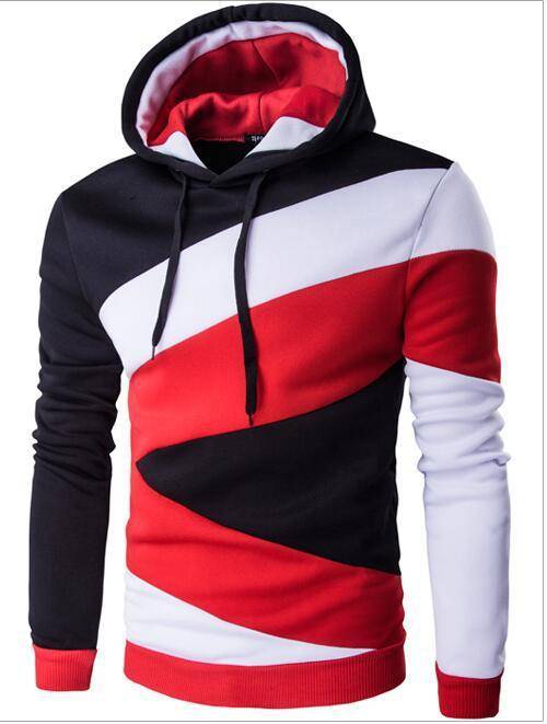 Casual men's hooded pullover sweater featuring red, white, and black color blocks in a modern, stylish pattern.