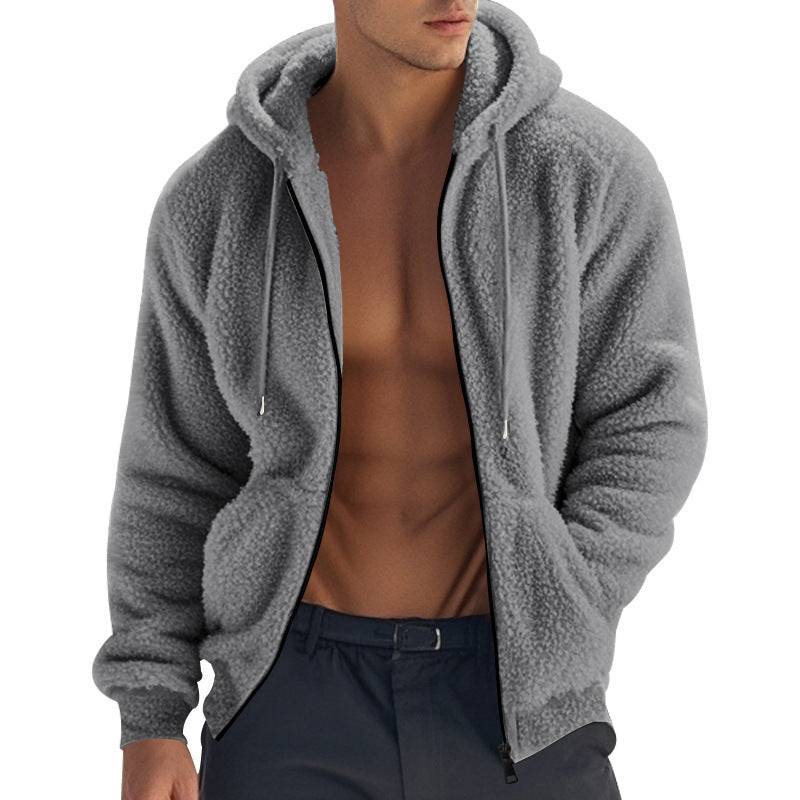 Men's warm fleece jacket in gray with hood and zipper, soft double-sided fleece for stylish and cozy winter wear.