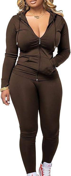 Brown women's fleece hoodie two-piece set with front zip and slim-fit leggings. Cozy and stylish polyester casual wear for women.