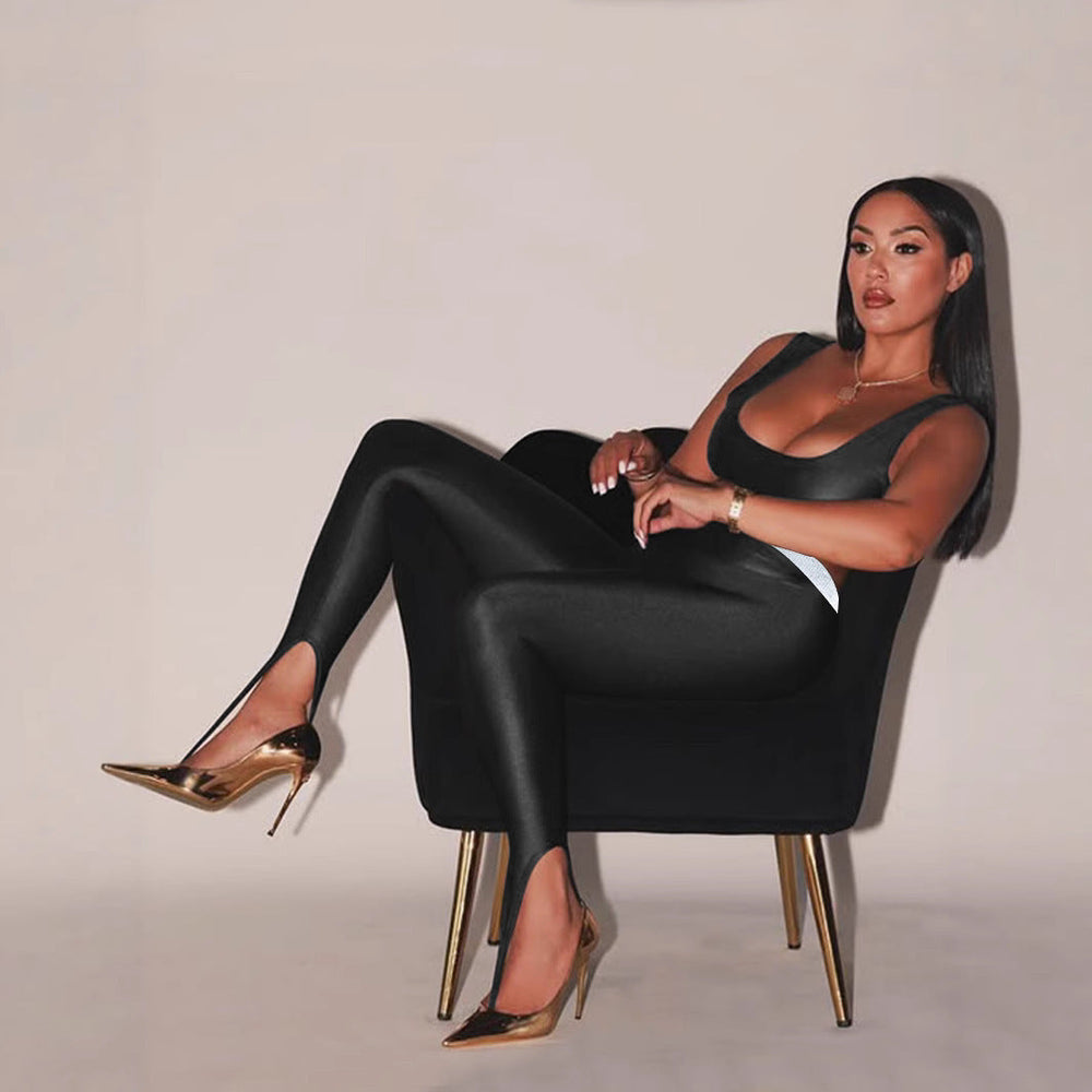 Front Step Shiny Leggings - Slim Fit Nylon Trousers in glossy black, paired with matching top and heels, ideal for modern fashion looks.