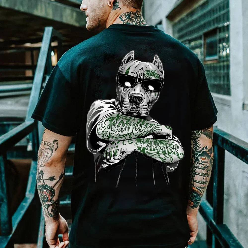 Men's 3D print shirt with bold dog graphic in sunglasses and tattoo-style text. Summer casual wear in loose fit polyester, ideal for street style.