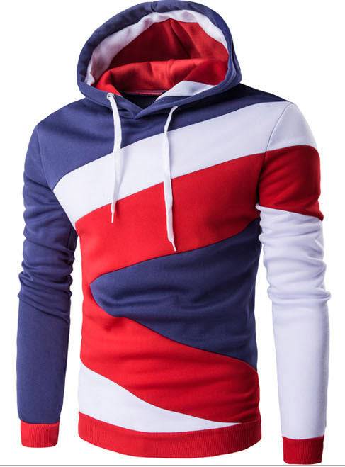 Stylish men's hooded pullover sweater in red, white, and navy blue with a bold color block pattern for casual wear.