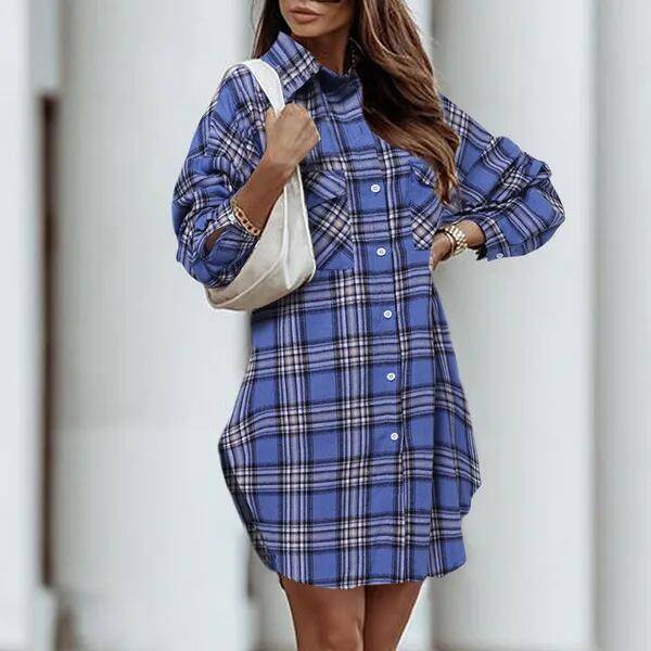 Women's Printed Plaid Plus Size Pocket Shirt Dress in blue with button-down front and long sleeves, styled with a white shoulder bag.