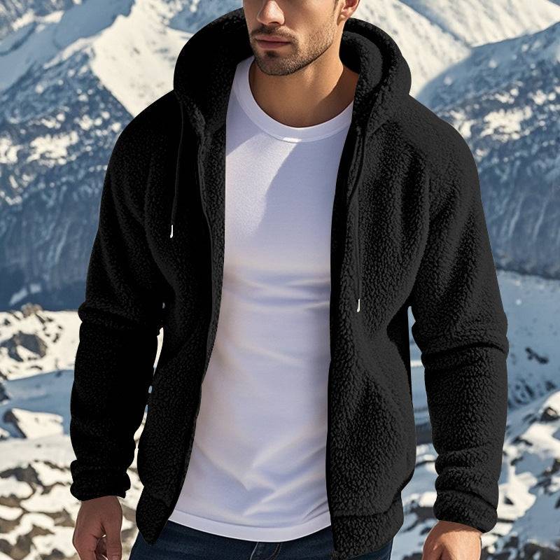 Men's warm fleece jacket in black with full zipper and hood, cozy and stylish for winter fashion and casual layering.