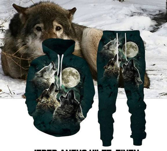 Wolf Set Suit - Hoodie Pants with triple wolf and moon print. Cozy and trendy unisex outfit ideal for outdoor or casual wear.