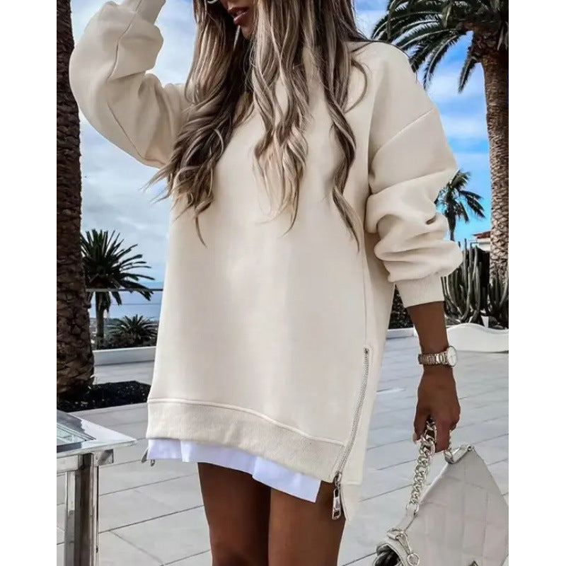 Apricot stitching side zipper pullover sweater for women, medium thickness, ideal for fall and winter fashion in a casual chic look.