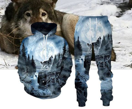 Wolf Set Suit - Hoodie Pants with forest wolves under full moon in snowy landscape. Unisex set perfect for nature-inspired casual fashion.