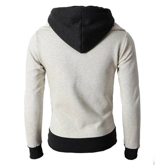 Back view of beige and black men's zip-up hooded jacket showing contrast hood and waistband, designed for comfort and style.