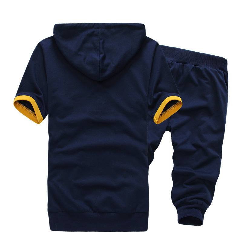 Back view of navy men's hooded short sleeve sweater and shorts set with yellow trim, designed for comfort and casual wear.