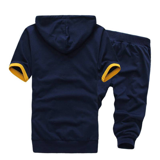 Back view of navy men's hooded short sleeve sweater and shorts set with yellow trim, designed for comfort and casual wear.