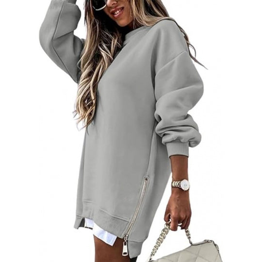 Gray stitching side zipper pullover sweater for women, medium-weight polyester fabric, styled for a casual fall winter outfit.