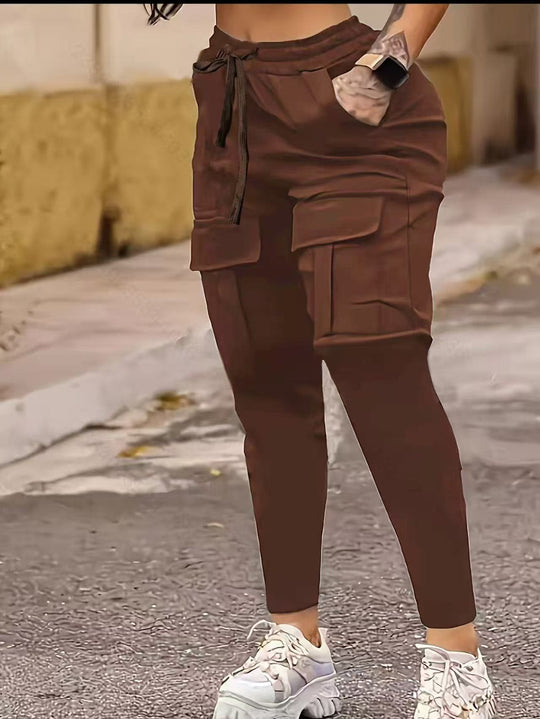 Brown European American solid work pants with side pockets and ankle bands, blending fashion and function for women’s daily wear.